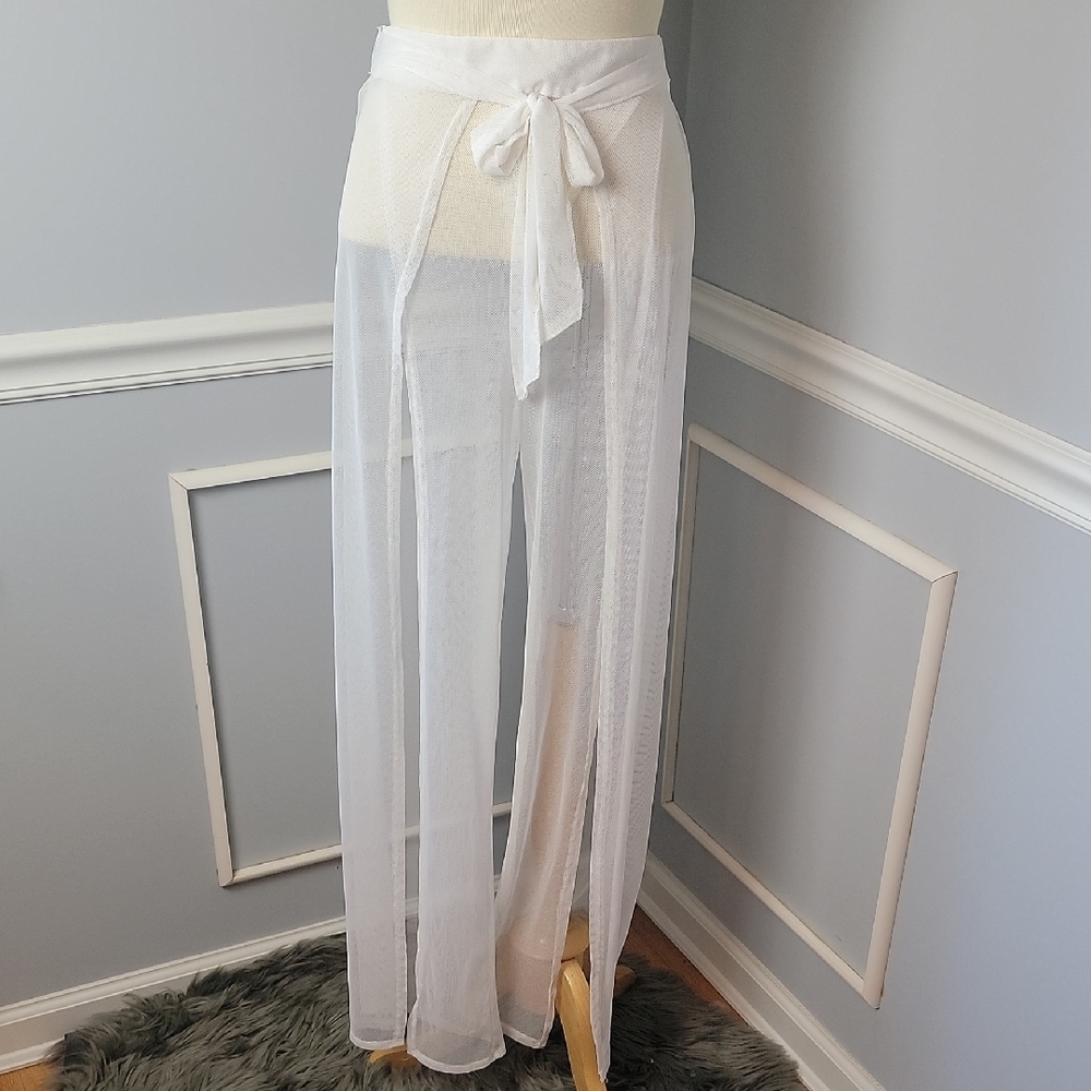 White Fish Net Elastic Tie Waist Boho Beach Pool Cover Up‎ Open Leg Flowy Pants